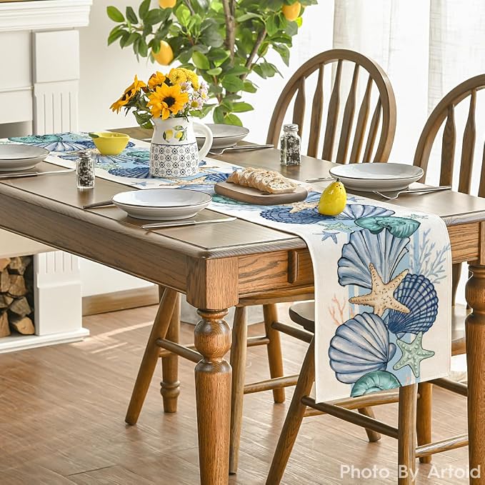 Artoid Mode Sea Shell Starfish Summer Table Runner, Spring Ocean Kitchen Dining