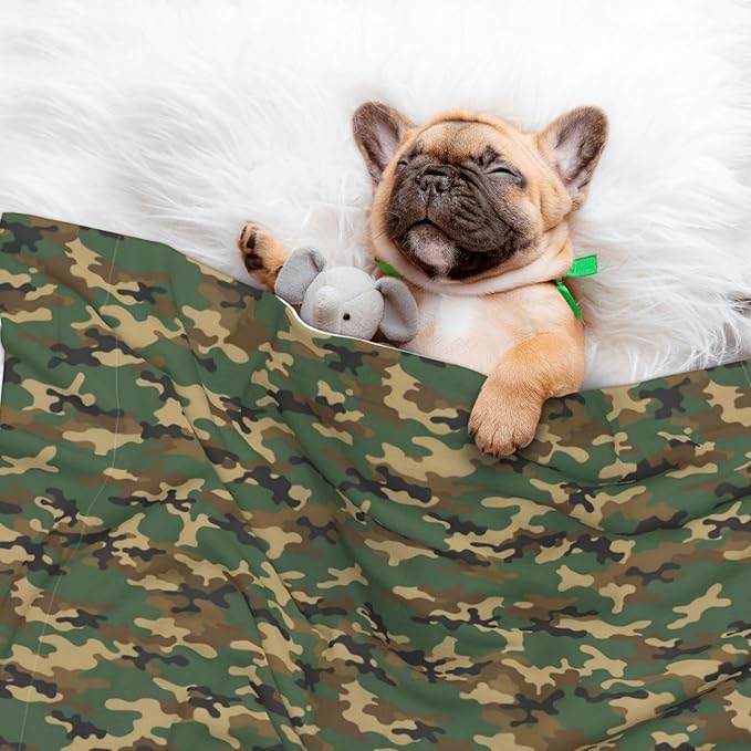 Reversible Plush Pet Blanket for Puppies Kittens, Green Camouflage Army Camo, Double Sided Gentle Dot Texture for New Pets Adjusting to Home Environment Softly
