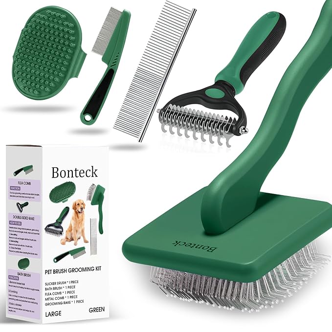 Dog Slicker Brush for Dogs Grooming Kit 4PCS | Large Dog Brush for Goldendoodles Poodles Doodles | Long Pin Haired Brush | Poodle Brushes and Comb (Green)