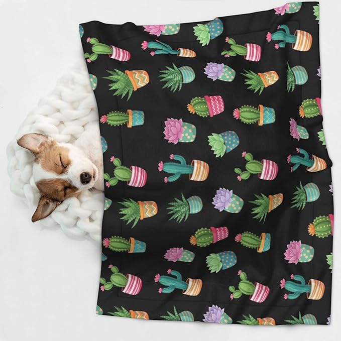 Reversible Pet Blanket for Sofa Protection Pet Comfort, Succulent Cactus Potted Plants, Double Sided Design with Cozy Nubby Nap Side and Durable Smooth Play Side
