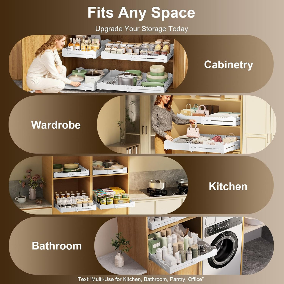 Pull Out Drawers for Cabinets, Expandable Pull Out Cabinet Organizer 11-18" Width,13-24" Depth, Roll out Shelves for Cabinets Without Lip, No Drill Adjustable Slide out Drawers for Kitchen & Pantry