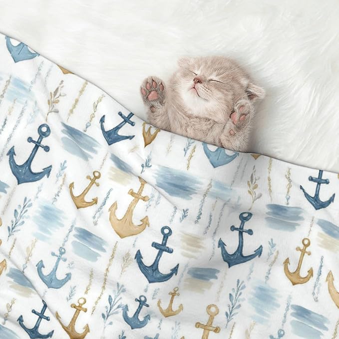 Waterproof Dog Blanket Soft Pet Blanket for Puppy Cat, Fleece Cat Throw Blankets for Furniture Bed Couch Sofa Reversible - Nautical Anchors 1