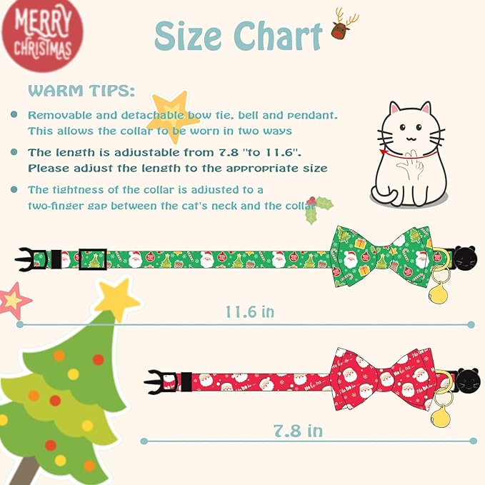Christmas Cat Collar with Cute Bow Tie Bell 2Pack Red Green Santa Claus Breakaway Collar for Male Female Soft Christmas Kitty Kitten Cute Cat Collars Ideal for Girl Cats Boy Male Cats