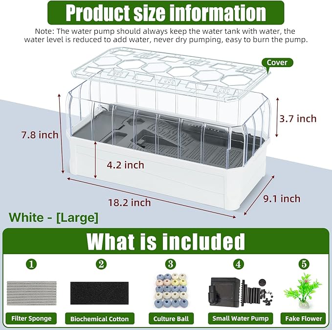 Turtle Habitat Spacious Turtle Tank Kit with Rain Shower Filter SPA & Easy Drain - Perfect for Baby Turtles, Red Eared Sliders Tortoises White, 18.2×9.2×8 Inch