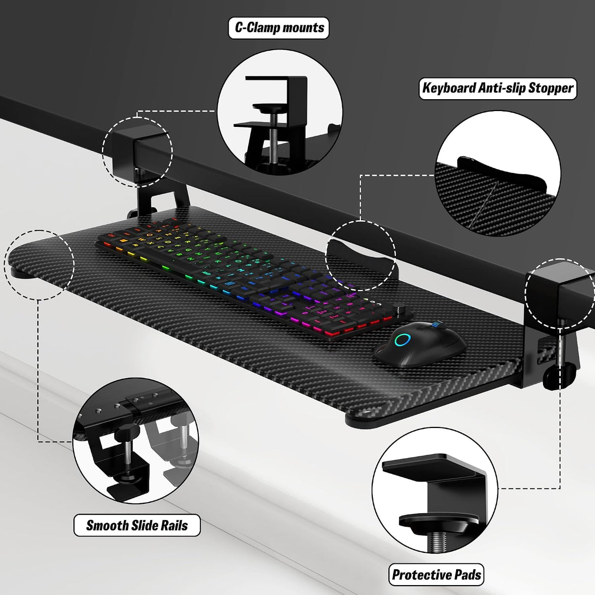 Under Desk Keyboard Tray, Slide-Out Keyboard Drawer with C-Clamp 25.6"x11.8"