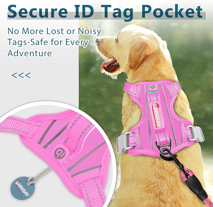 BARKBAY Dog Harness No Pull Oxford with ID Tag Pocket - Heavy Duty, Reflective, Easy Control for Large Dogs(Pink Oxford,L)