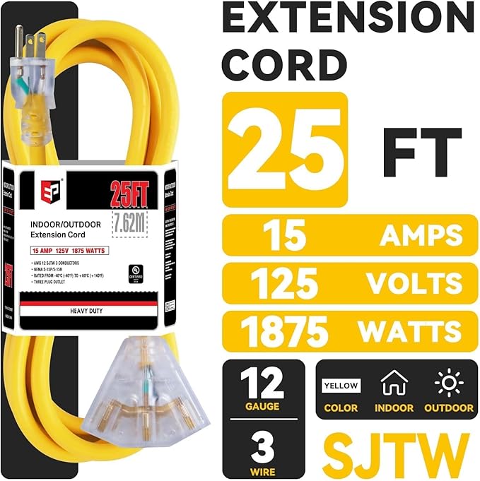 EP 25 Ft 12 Gauge Heavy Duty Extension Cord, 15A 125V 1875W, 3 Outlet Indoor/Outdoor Power Cord with Lighted End, 12/3 SJTW Weatherproof Yellow, UL Listed
