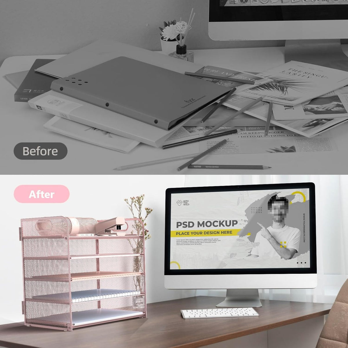 Sinboun Letter Tray Paper Organizer 5-Tier Desk Organizer File Organizer Paper Holder with Handle, Metal Desktop Document Shelf Tray Office Classroom Organization - Pink, PK5CENGTISHOU
