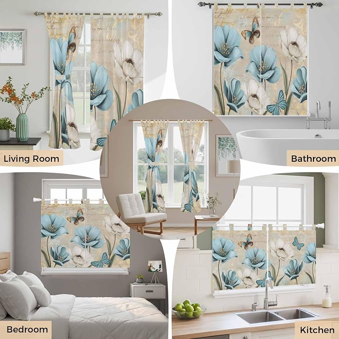 Spring Flowers Kitchen Curtains 24 Inch Length, Small Window Curtains Tab Top