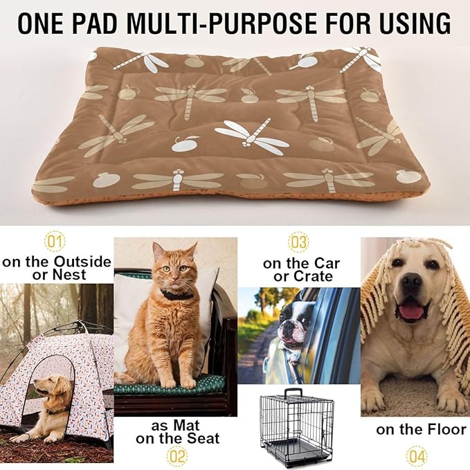 Emelivor Dragonflies Brown Dog Cat Bed Washable Crate Pet Bed Anti-Slip Comfortable Durable Dog Crate Bed for Medium Large Small Dogs Cats,36x24in