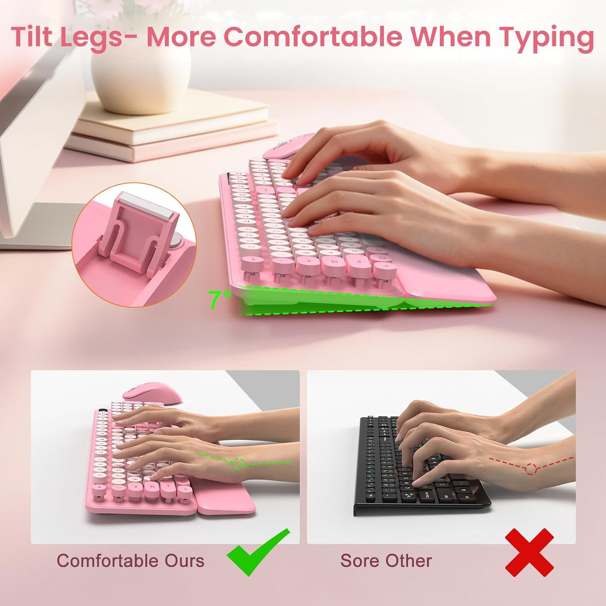 Pink Wireless Keyboard and Mouse Combo, Magnetic Wrist Rest, Round Keycap