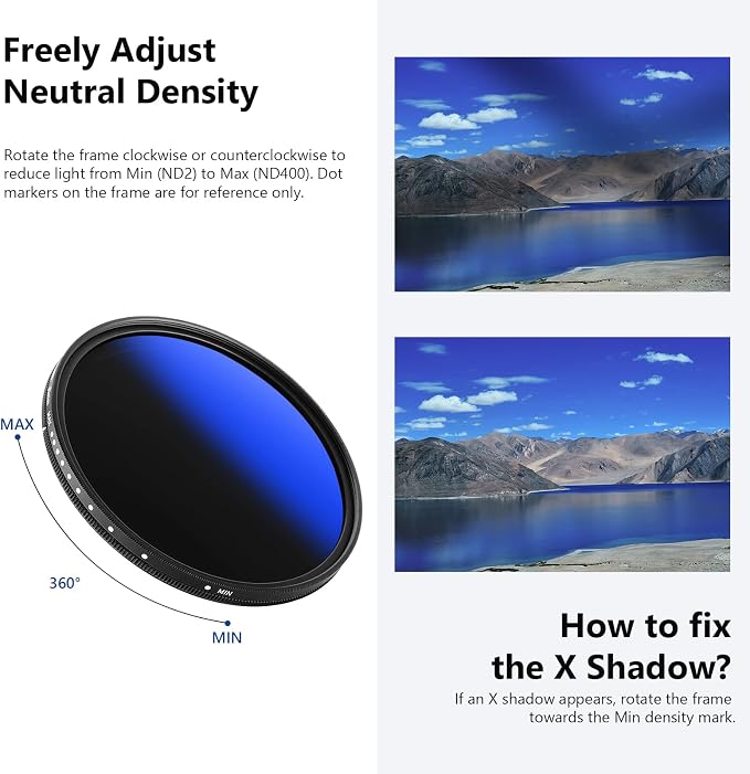 NEEWER 82mm Variable ND Filter ND2-ND400, Neutral Density Filter, Water and