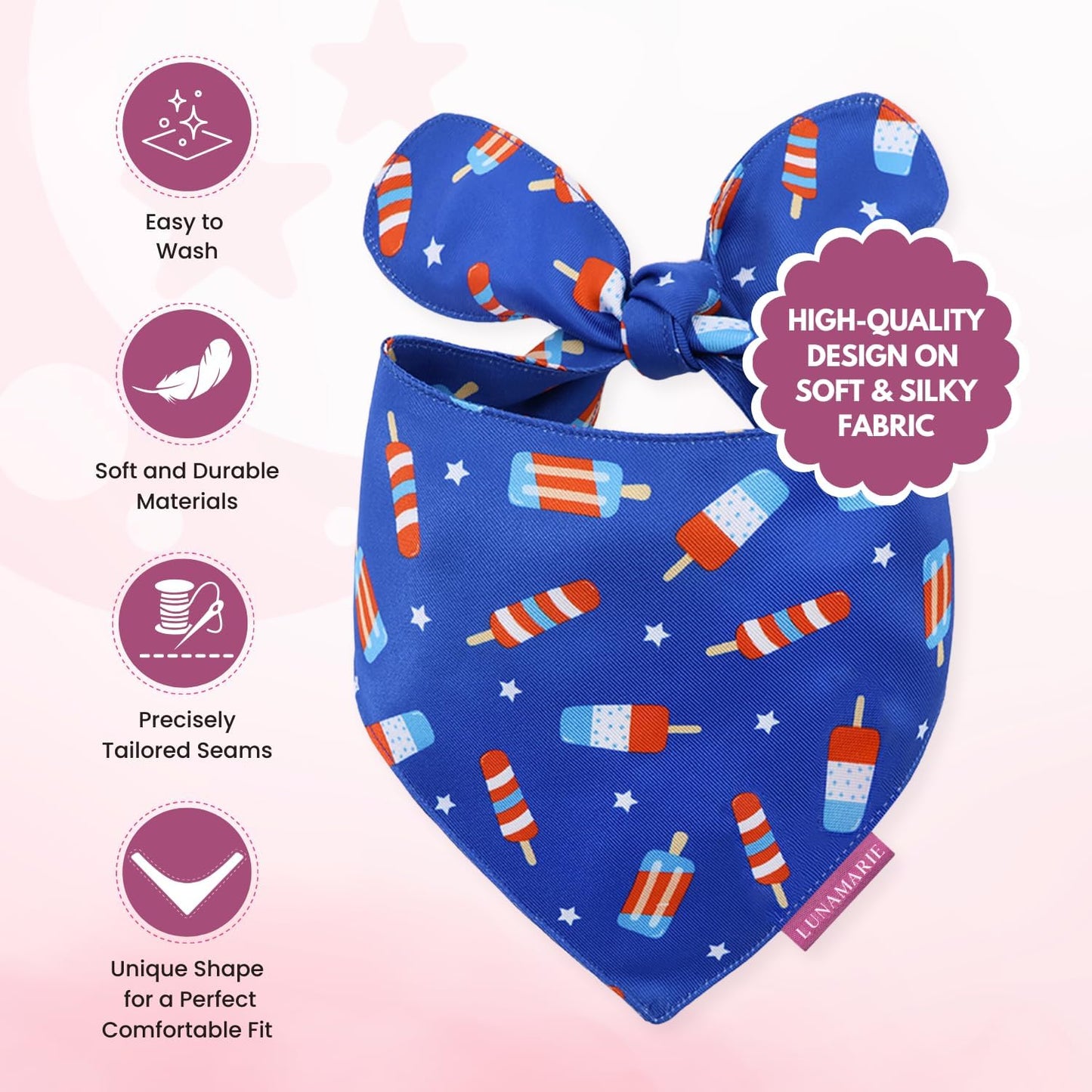 LunaMarie - 4th of July Summer Popsicle Ice Cream Pet Bandana | Luxury Dog Bandanas for Small Medium Large Dogs, Fourth of July, American Independence Day Fourth of July (4th of July, Small)