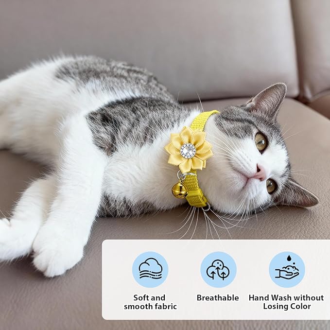 6 PCS Flower Kitten Collar with Bell, Adjustable Cute Cat Collar with Rhinestone for Female, Breakaway Small Kitten Collars, 6 Colors