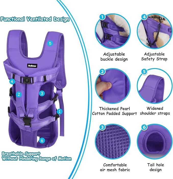 PetBonus Pet Front Dog Carrier Backpacks, Adjustable Pet Backpack, Legs Out Easy-fit Puppy Chest Carrier for Medium Small Dogs, Hands Free for Hiking, Cycling (Purple, XL)