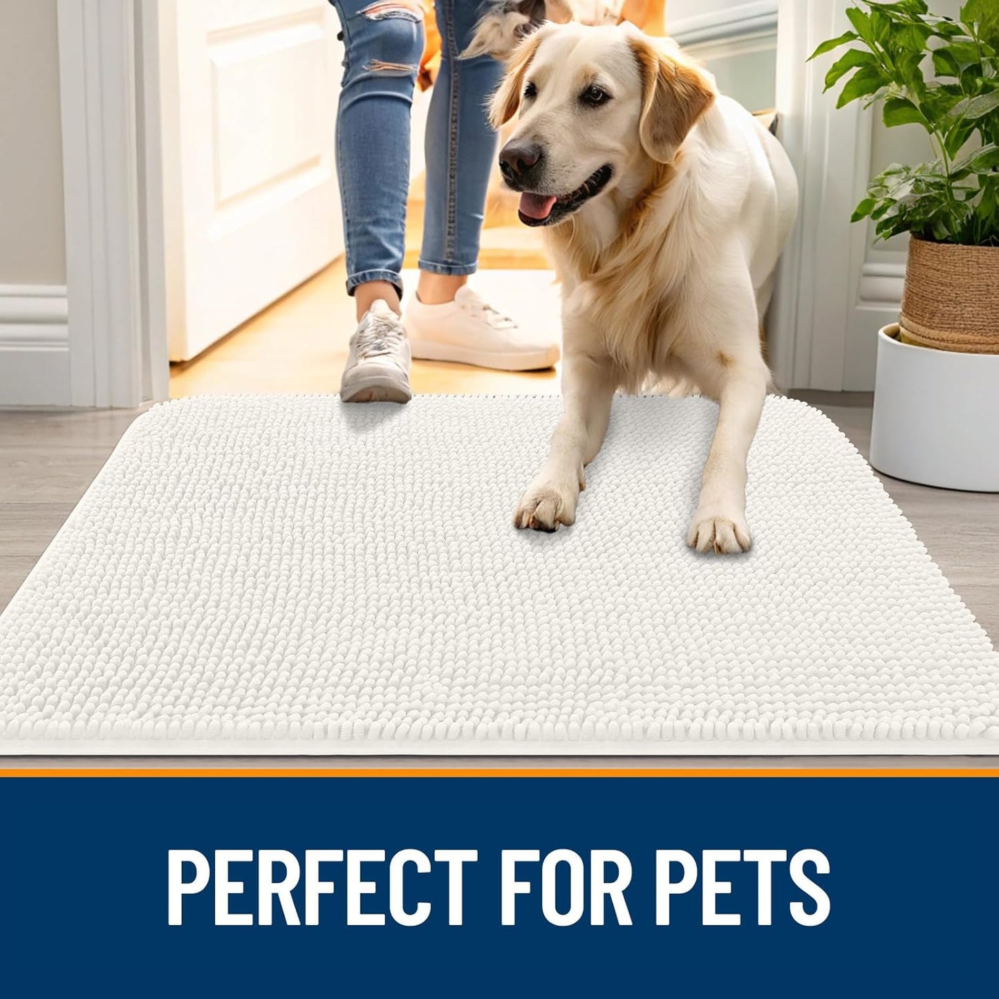 OLANLY Dog Door Mat for Muddy Paws 30x20, Absorbs Moisture and Dirt, Absorbent Non-Slip Washable Doormat, Quick Dry Chenille Mud Mat for Dogs, Entry Indoor Entryway Carpet for Inside Floor, Ivory