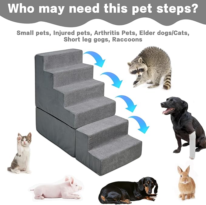 Dog Steps for High Beds 30-32" H, 6-Step Dog Stairs for Small Dogs, 33D Foam Pet Steps for High Bed Climbing, Non-Slip Balanced Pet Stair Ramps for Bed Indoor, Grey