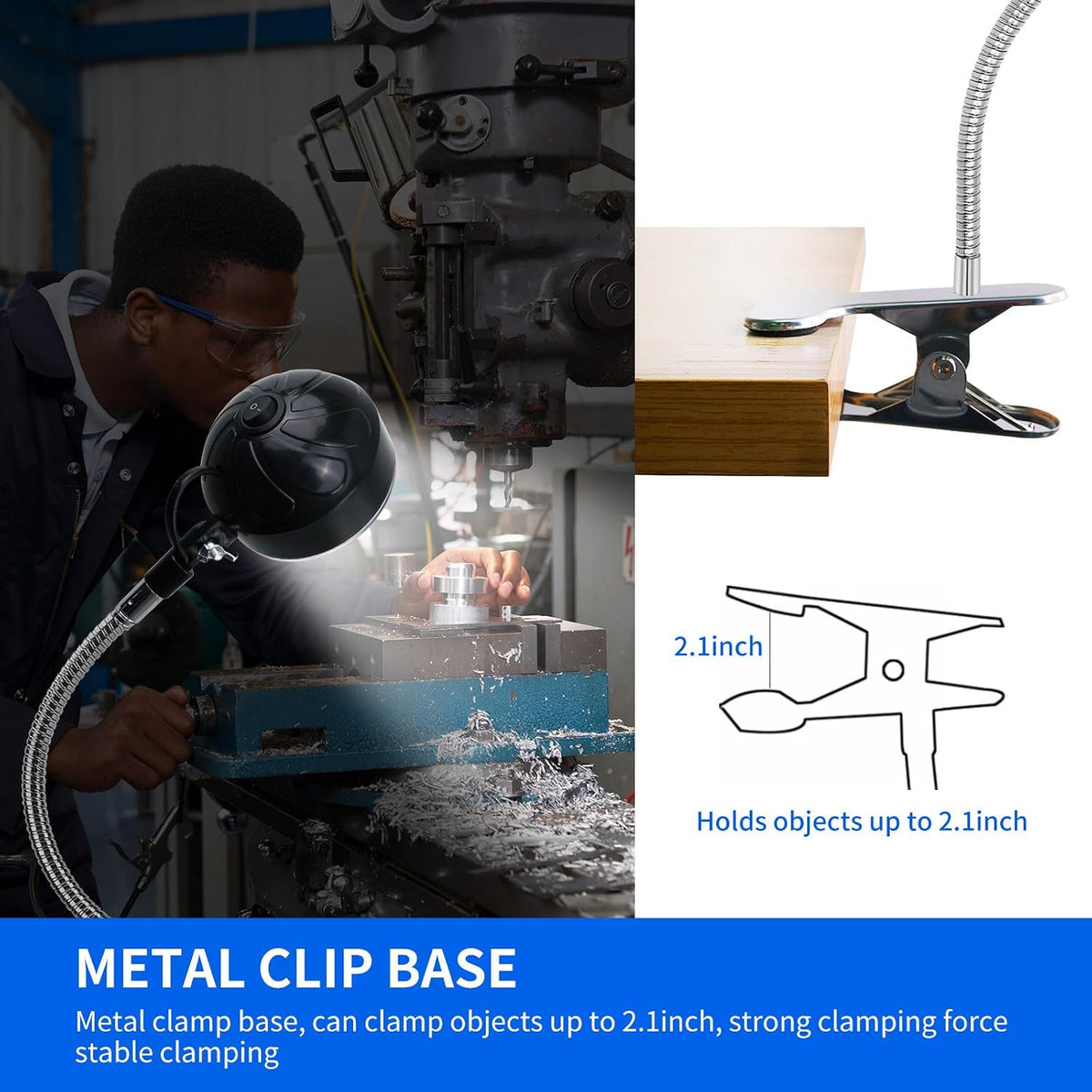 Clamp Light, LED Work Light with Flexible & Strong Clip for Workshop, Sewing, Lathe, Bandsaw, Workbench, Desk, Bright Small Area Task Lighting, 2000 Lumens, Silver