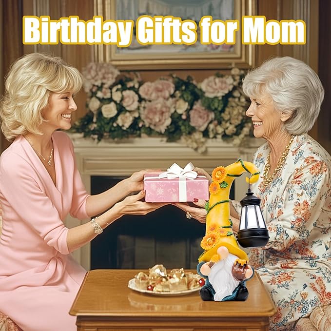Mom Birthday Gifts-Garden Gnome Statue with Solar Lights Large Garden Sculptures Funny Triple Gnome Outdoor Patio Lawn Yard Garden Decor Gifts for Women Mom 12 in Spring Gnomes Outdoor