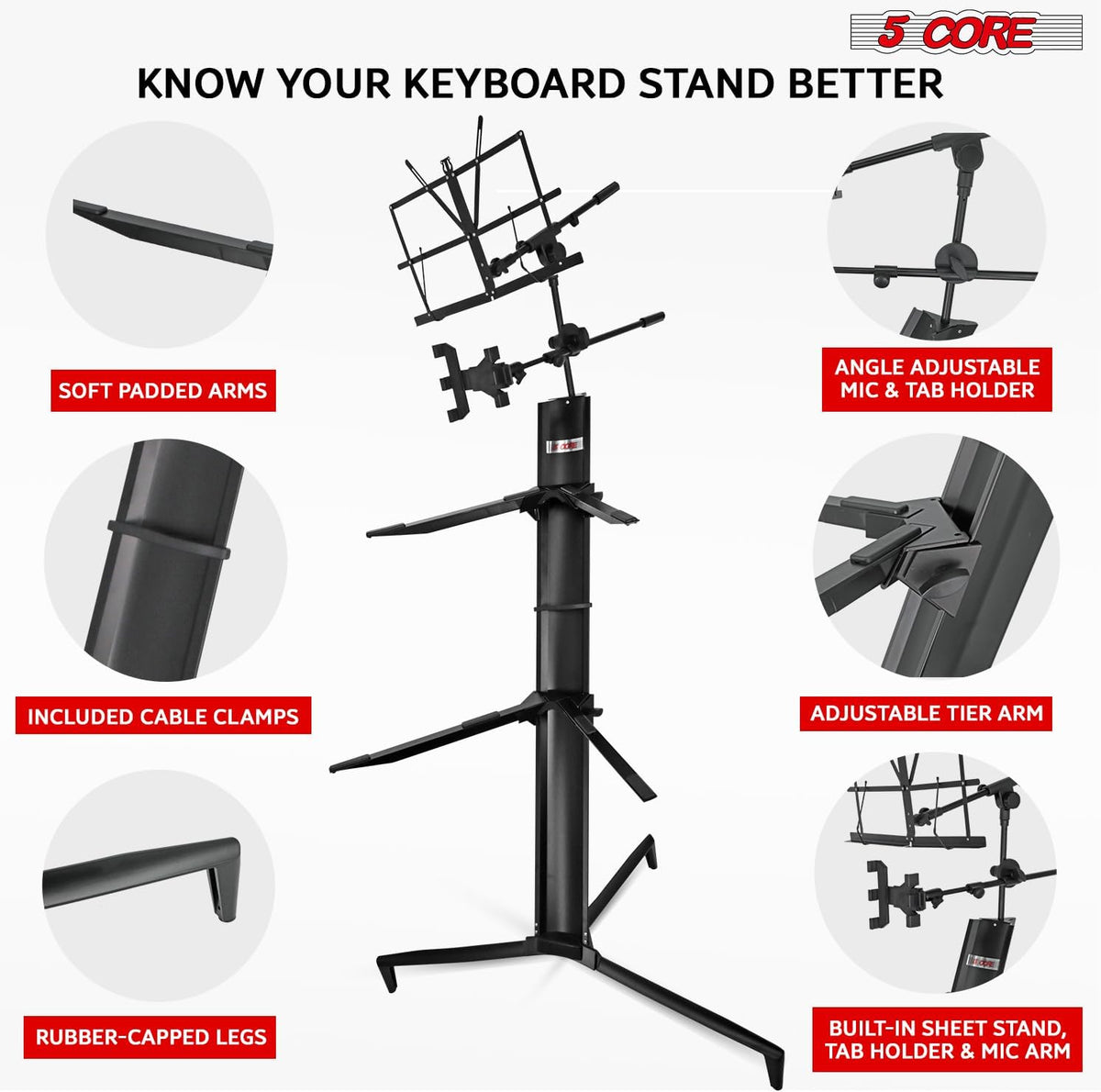 5 CORE Keyboard Stand 2 Tier Column for 61/76/88 Key Board DJ Controller Stands for Electric Digital Midi Pianos Black - KS C 2TD BLK AL