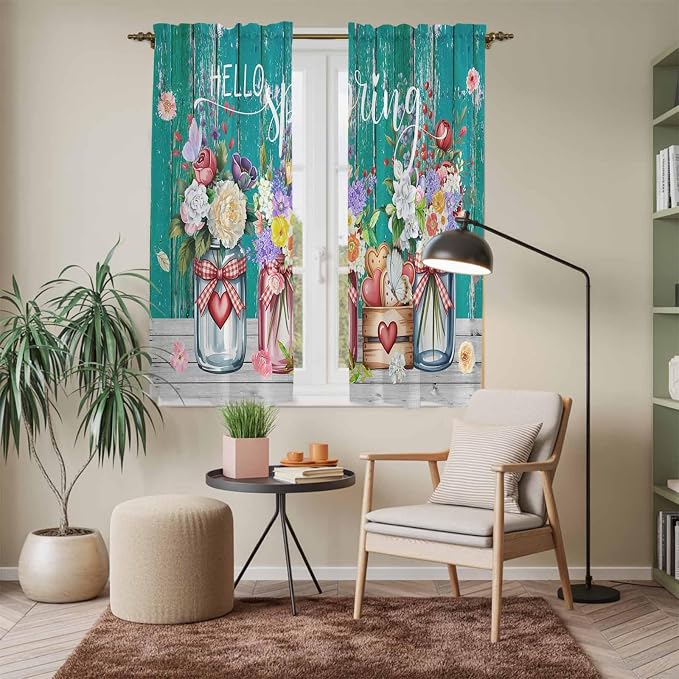 Spring Flowers Kitchen Curtains, Farmhouse Watercolor Teal Wood Grain Light