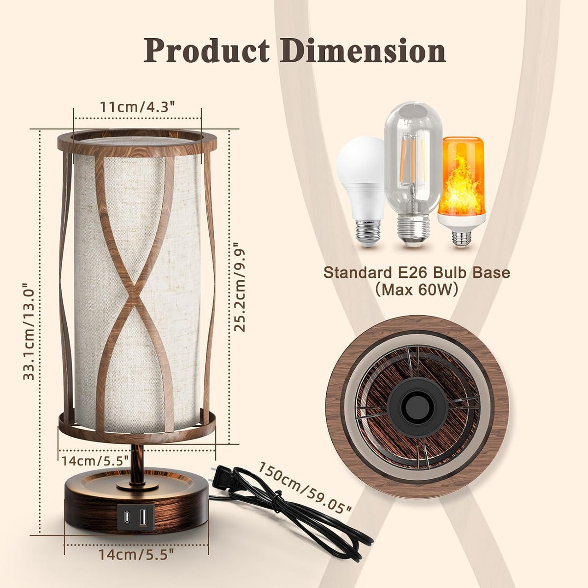 N10-2 Farmhouse Table Lamp Dimmable Touch Control Plug in Lamps Linen Rustic Desk Lamp IImitation Wood Metal Base Vintage Nightstand Table Lamp with USB Port for Bedroom Bedside (Bulb Included)