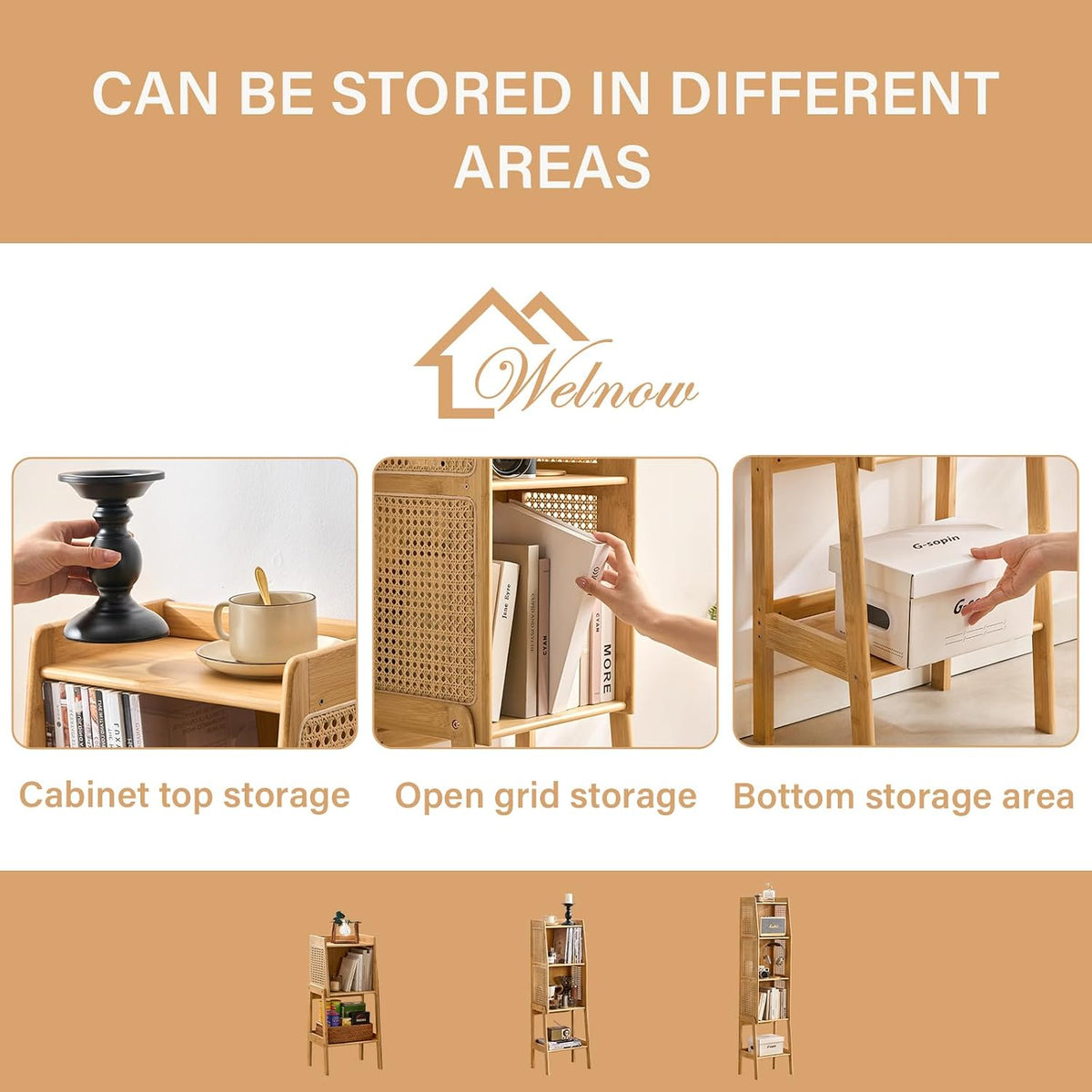 Welnow Bamboo Rattan Bookcase with Cabinet，4-Tier Wicker Bookshelf,Natural
