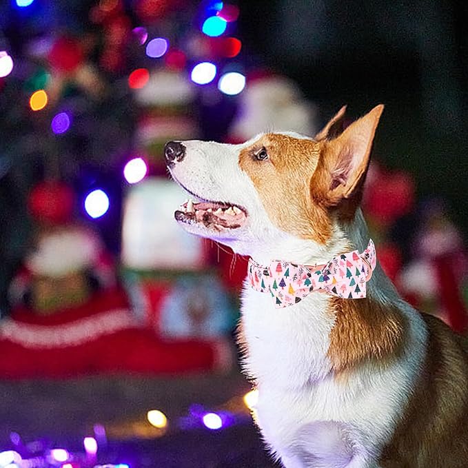 Christmas Dog Collar, Pink Christmas Tree Soft Comfortable Collars with Bow Adjustable Pet Collar with Premium Metal Buckle Puppy Necklace for Small Girl Dogs