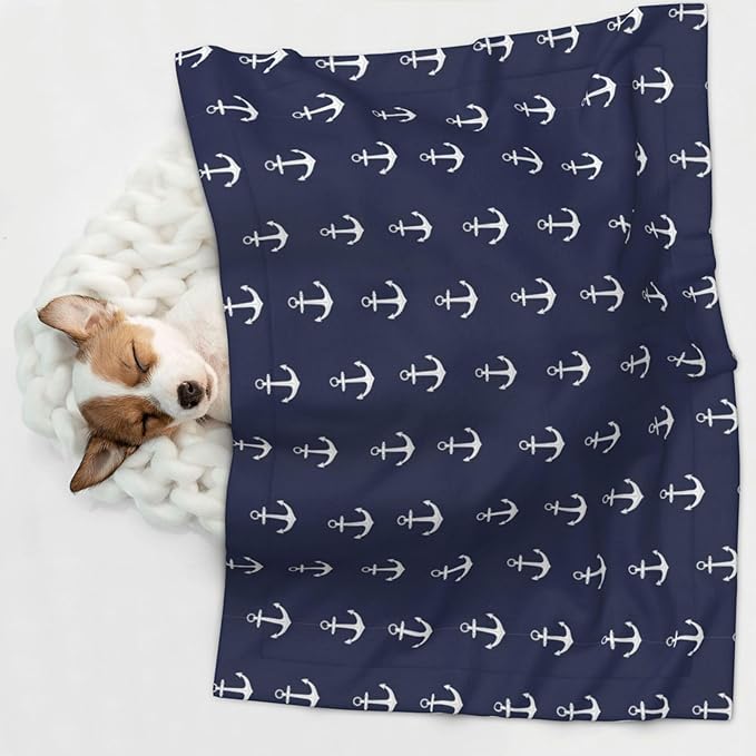 Double Sided Pet Throw for Dogs Who Shed, Nautical Anchor Navy, Reversible Blanket with Nubby Dot Side Catches Loose Fur for Easier Furniture Cleanup