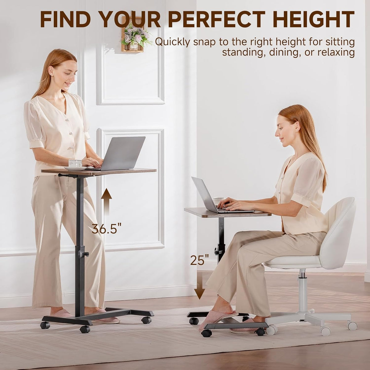 COMHOMA Adjustable Overbed Bedside Table with Lockable Wheels, Foldable Mobile Rolling Laptop Desk, Height Adjustable Standing Desk Bed Table for Hospital and Home Use, Walnut