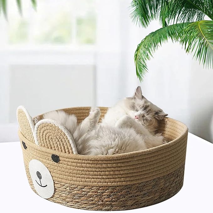 Pet Bed Woven Basket with Detachable Cushion Cartoon Bear Theme Basket Bed Dog Detachable Cushion Nest Pet Furniture