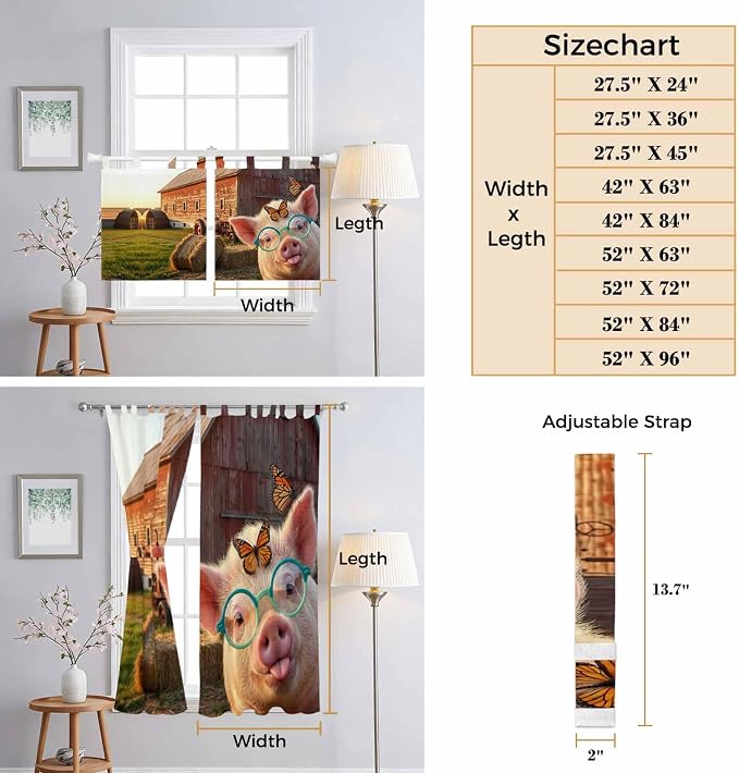 Farm Pig Living Room Curtains 96 Inch Length, Window Curtains Tab Top,
