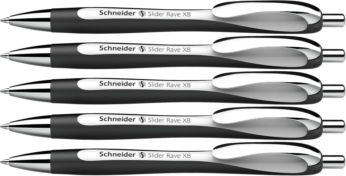 Schneider Limited Edition Slider Rave Black, XB (Extra Broad) Ballpoint Pen, Refillable + Retractable, 1.4 mm, White-Black Barrel, Blue Ink, Box of 5 Pens (132549)