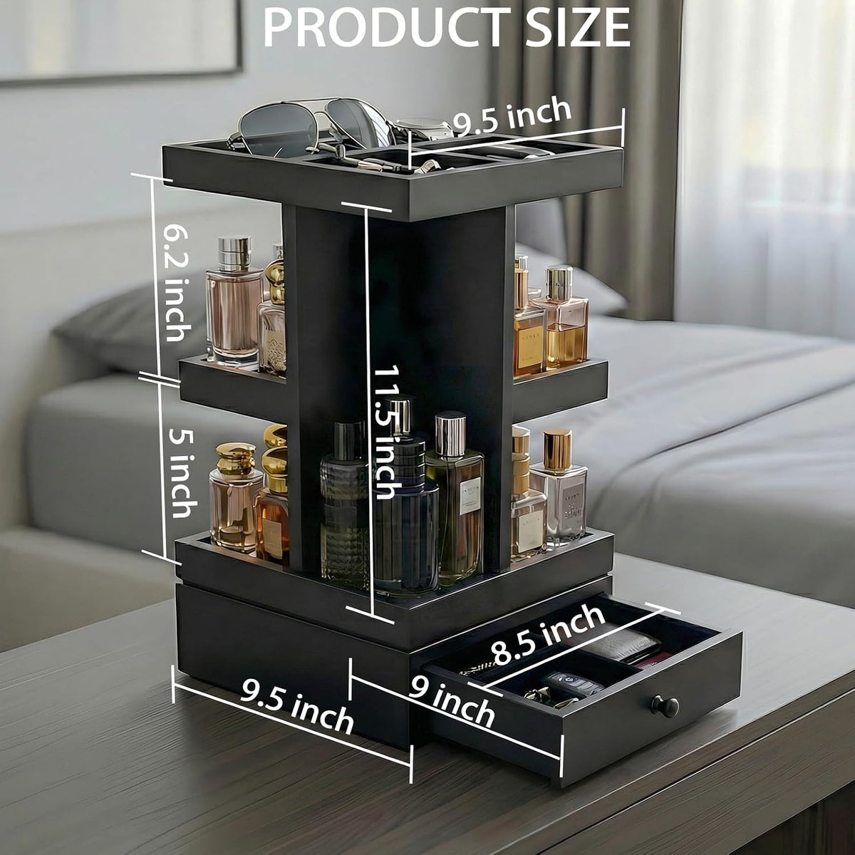 4-Tier Rotating Cologne Organizer for Men, Modern Black