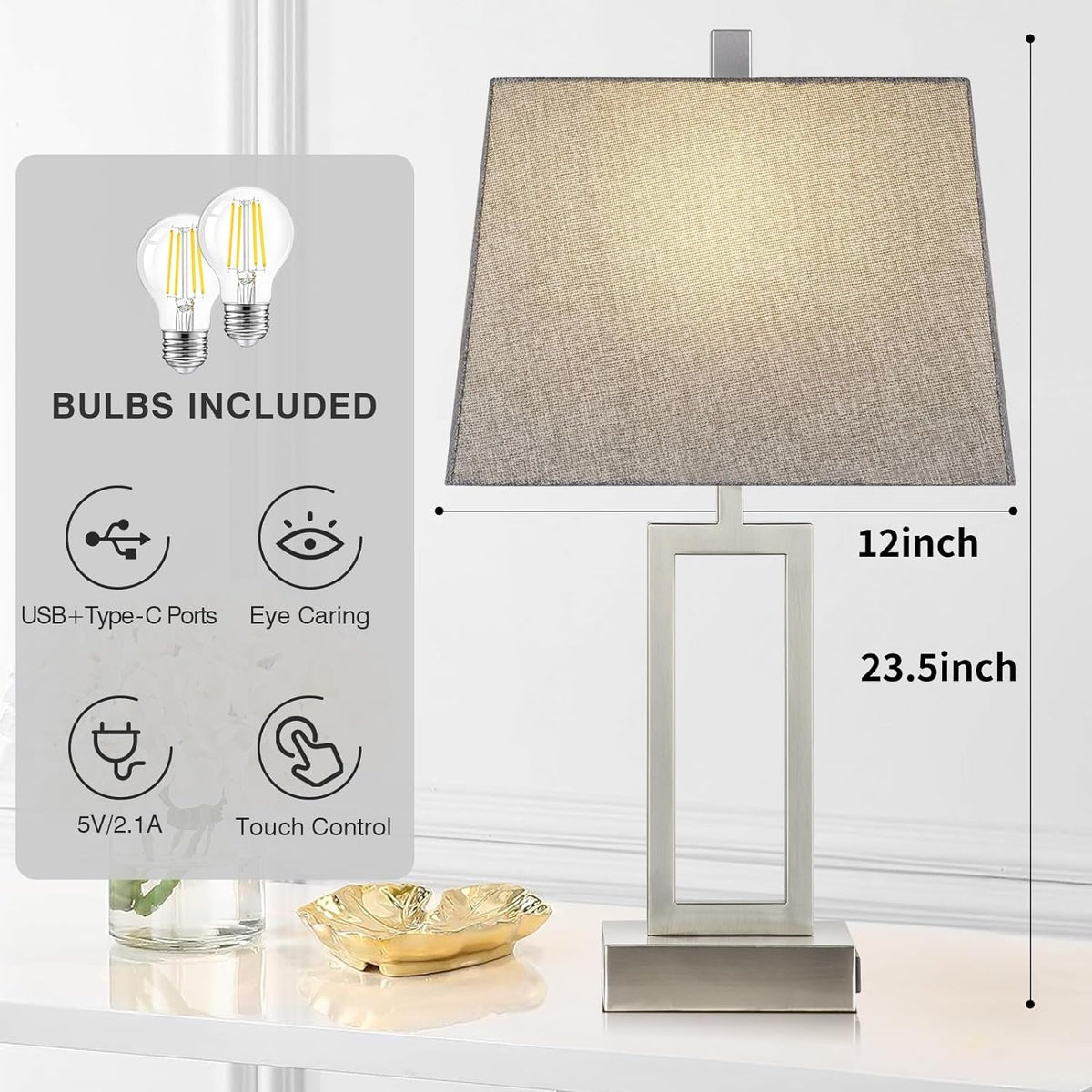 Rinweey 23.5" Touch Control Table Lamps Set of 2, Modern Silver Bedside Lamps with USB A+C Ports & AC Outlet, 3 Way Dimmable Contemporary Nightstand Lamps for Bedroom Living Room(2 LED Bulb Included)