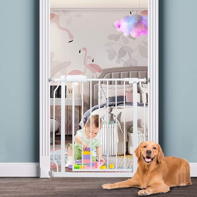 Narrow Baby Gate for Narrow Doorways Small White Tension Indoor Safety Gates Auto Close Walk Through Metal Dog Gate for The House Doorways Stairs (29.13"-33.86"/74-86CM, White)