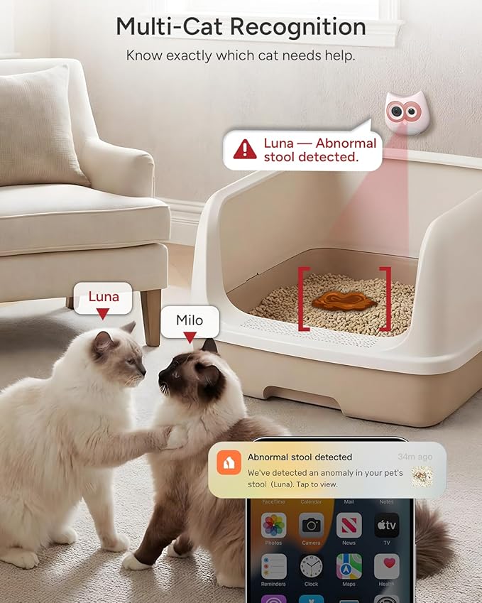 AI Cat Health Monitoring Litter Box Camera – Records Toileting Behavior, Alerts for UTI/Diarrhea, Fits Automatic & Standard Boxes, Multi-Cat Support, Night Vision
