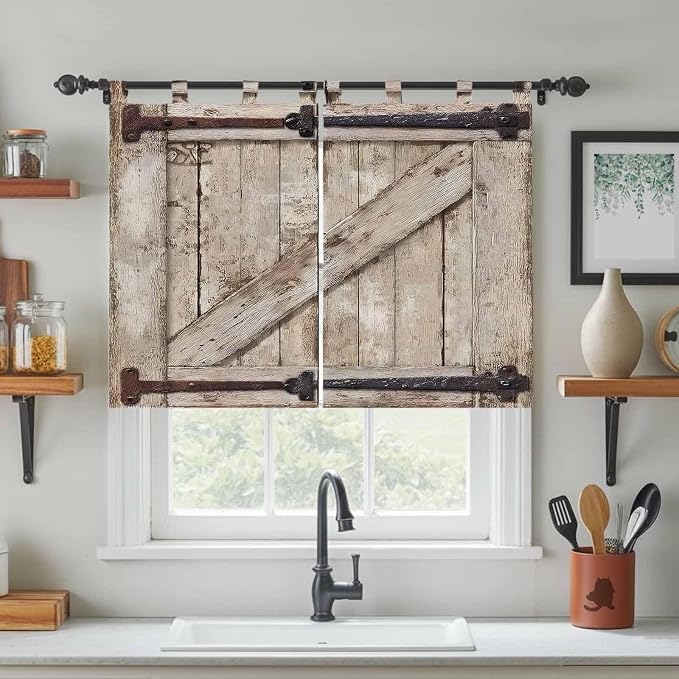 Farmhouse Wood Grain Bedroom Curtains 63 Inch Length, Window Curtains Tab Top