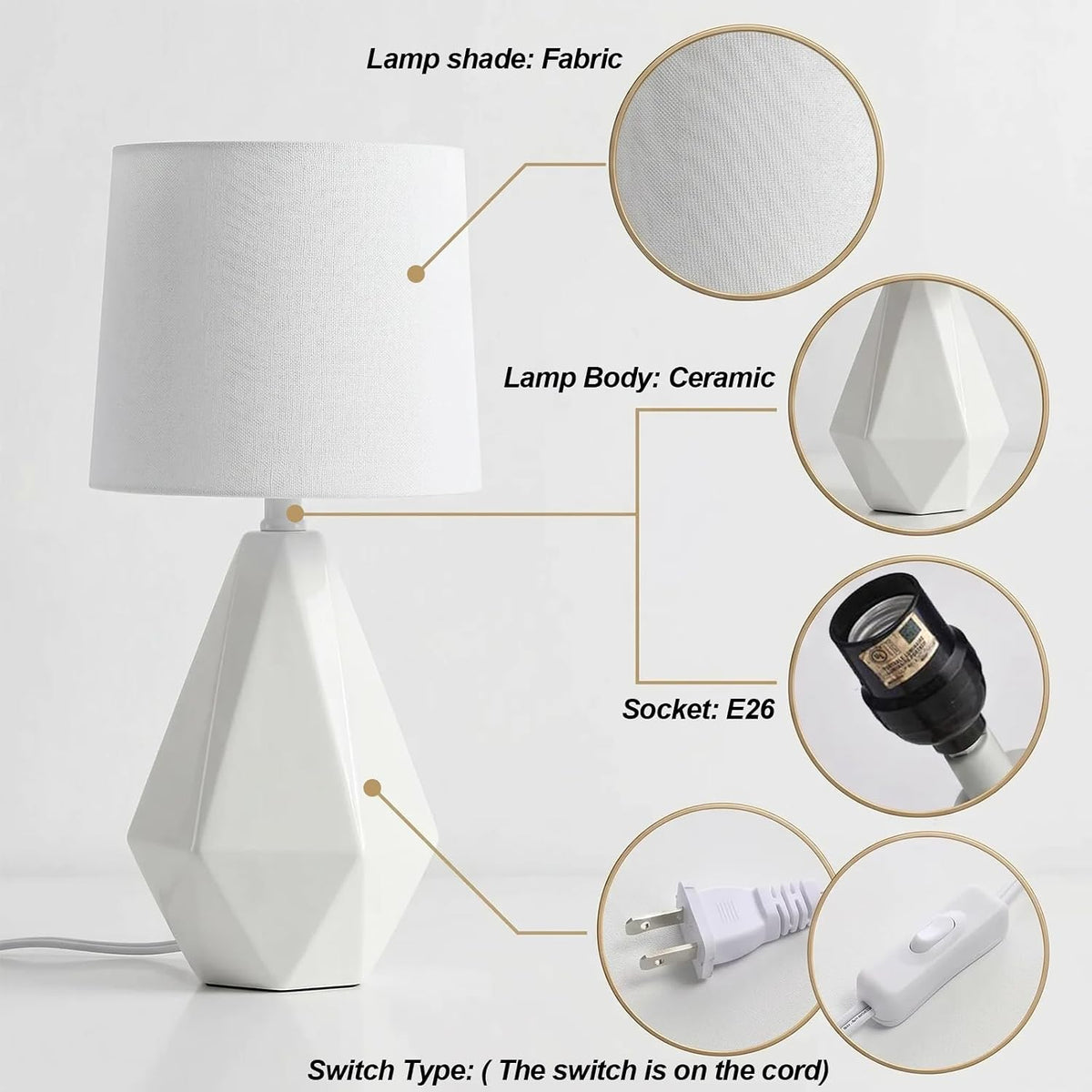 SOTTAE 15" Modern Small Ceramic Table Lamp, White Irregular Geometric Bedside Table lamp for Bedroom,Nightstand Lamps with White Fabric Shade, Small Lamp for Kitchen Living Room