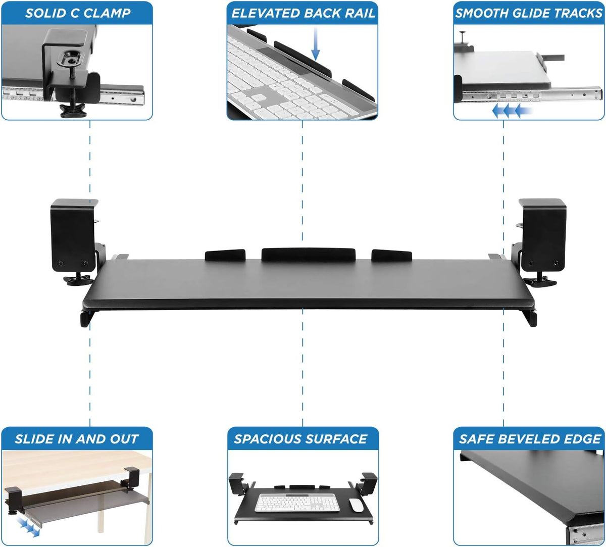 Mount-It! Clamp-On Under Desk Keyboard Tray, No-Drill, Fits Desks to 2.2 in