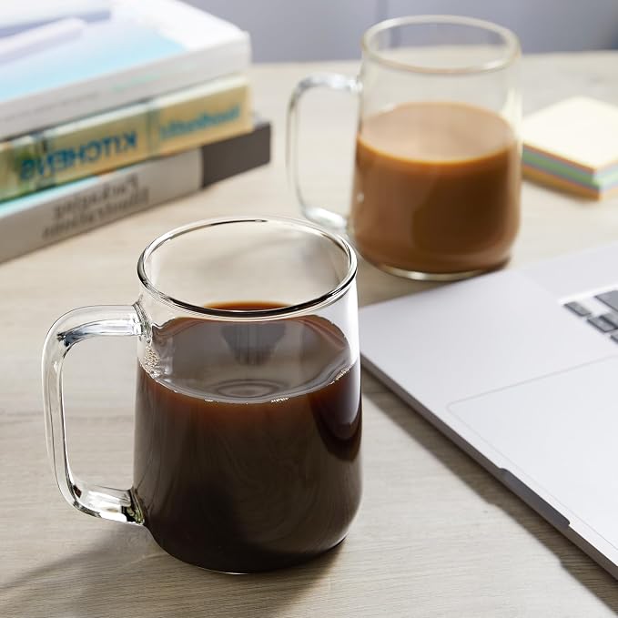 Large Glass Coffee Mugs, 24 oz Glass Coffee Cups Set of 2, Hot/Cold Beverages