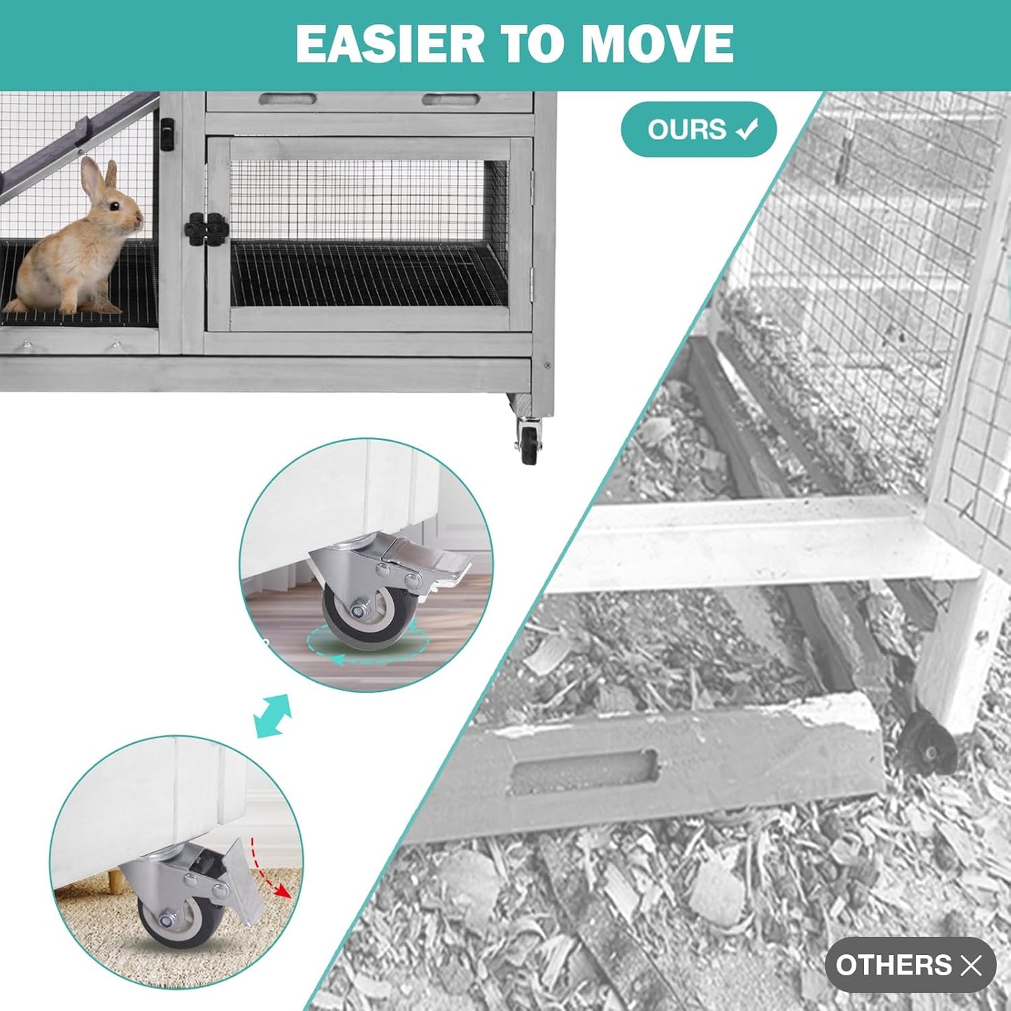 Rabbit Hutch Indoor for 2-4 Rabbits & Guinea Pigs，Bunny Cage with Slide-Out Plastic Trays，Wooden Small Animal Cage for Rabbits, Bunnies, and Guinea Pigs (Light Grey)