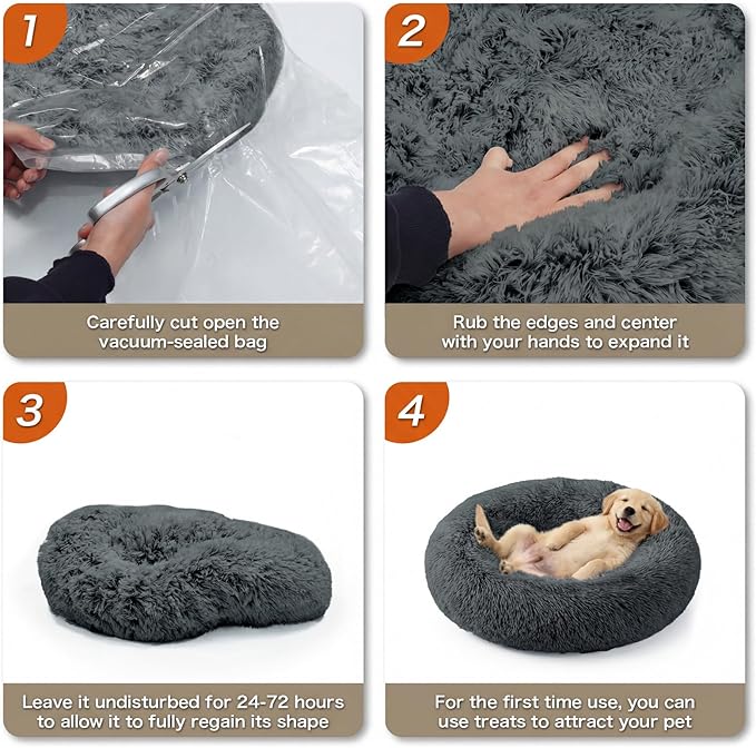 Calming Dog Bed, 24" x 24" x 6" Fits Cat & Dog, Anti-Slip Round Washable Faux Fur for Doze Off, Napping Orthopedic, Dark Grey