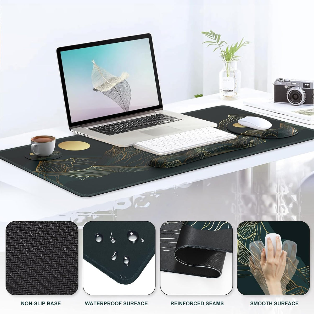 iCasso Large Mouse Pad, 4in1 XXL Mousepad + Keyboard Wrist Rest+Mouse Wrist Rest+Coaster Set with Ergonomic Design for Computer(Cyan-Mountain)