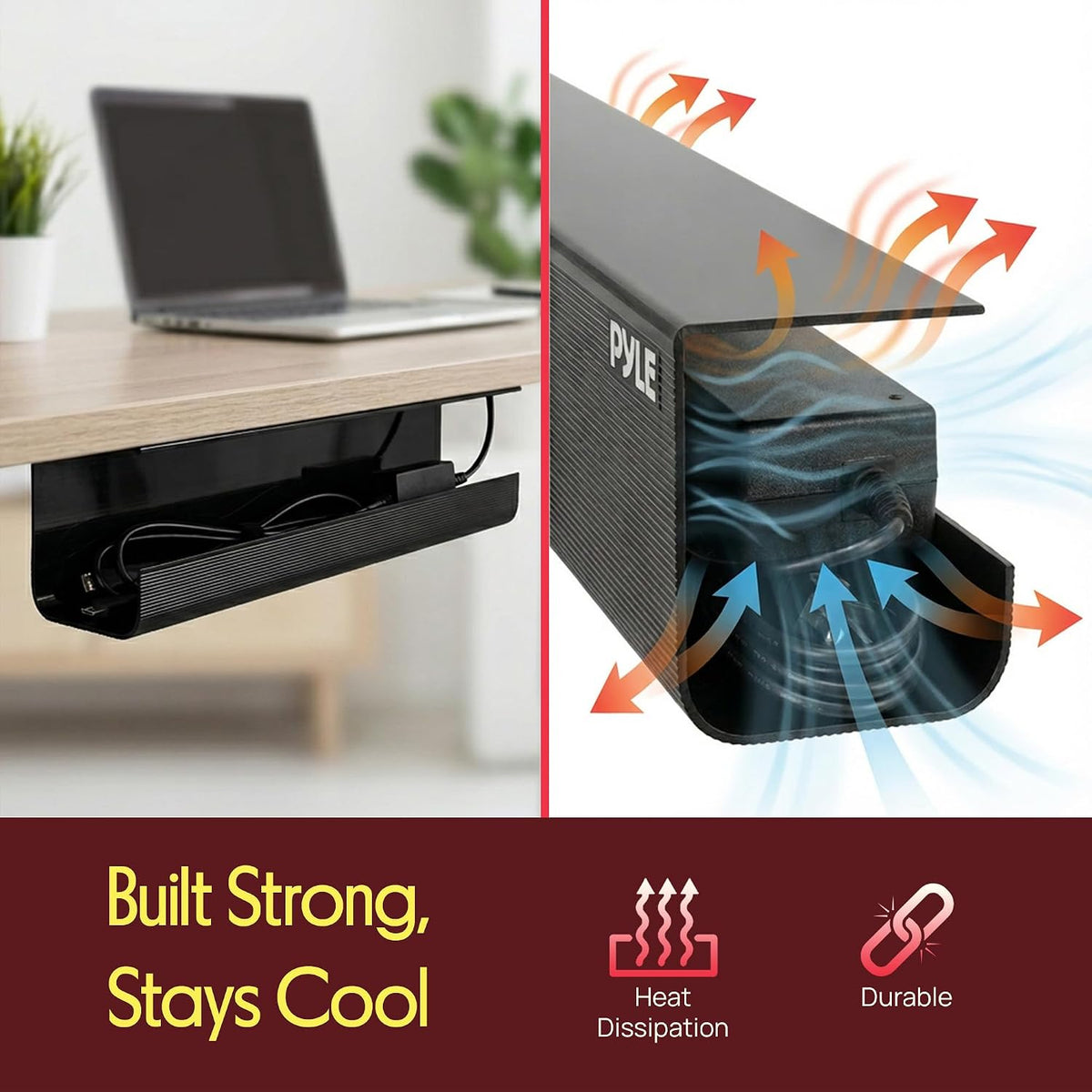 Pyle 2-Pack 17" Under Desk Cable Management Tray, Under Desk Cable Organizer with Adhesive Mount, Wire Management Under Desk for Home Office & Gaming Setup, Durable Plastic, 20 lb Capacity, Black