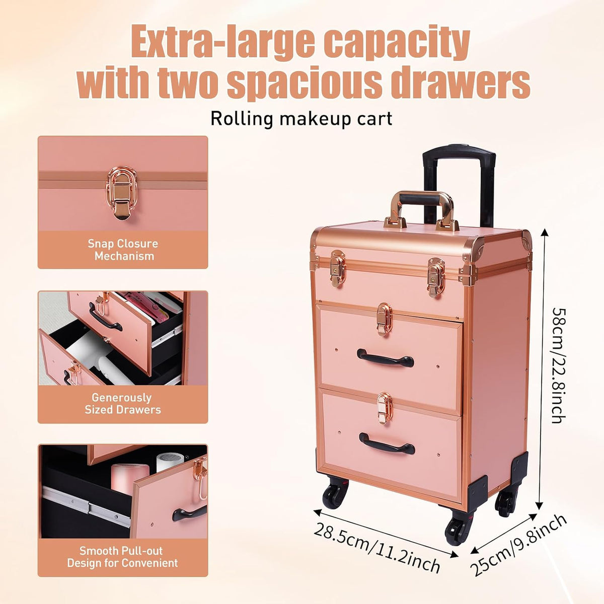 3 in 1 Cosmetic Train Cases Rolling on Wheels Makeup Train Case 𝐰𝐢𝐭𝐡 𝐃𝐫𝐚𝐰𝐞𝐫𝐬 𝐚𝐧𝐝 𝐂𝐥𝐞𝐚𝐫 𝐌𝐚𝐤𝐞𝐮𝐩 𝐁𝐚𝐠,3-Layer Large Nail Cart & Organizer for Makeup Artists,Nail Technicians