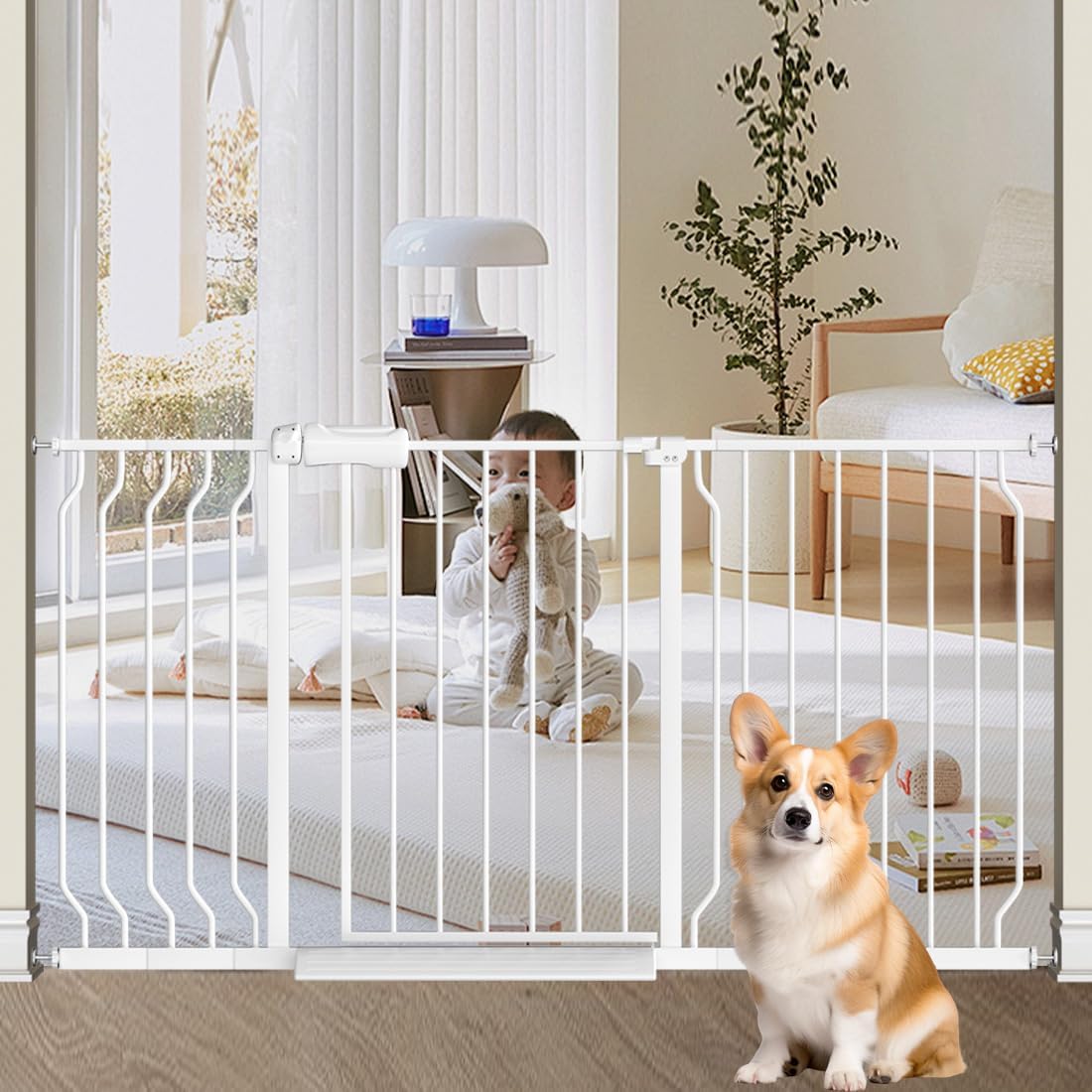 TSAYAWA Extra Wide Baby Gate with Door,38.5-43.3 Inch Walk Through Large Long Child Gates for Stair Doorway - Indoor TSAYAWA Outdoor Safty Gate for Toddler Pet Dog Doggie White