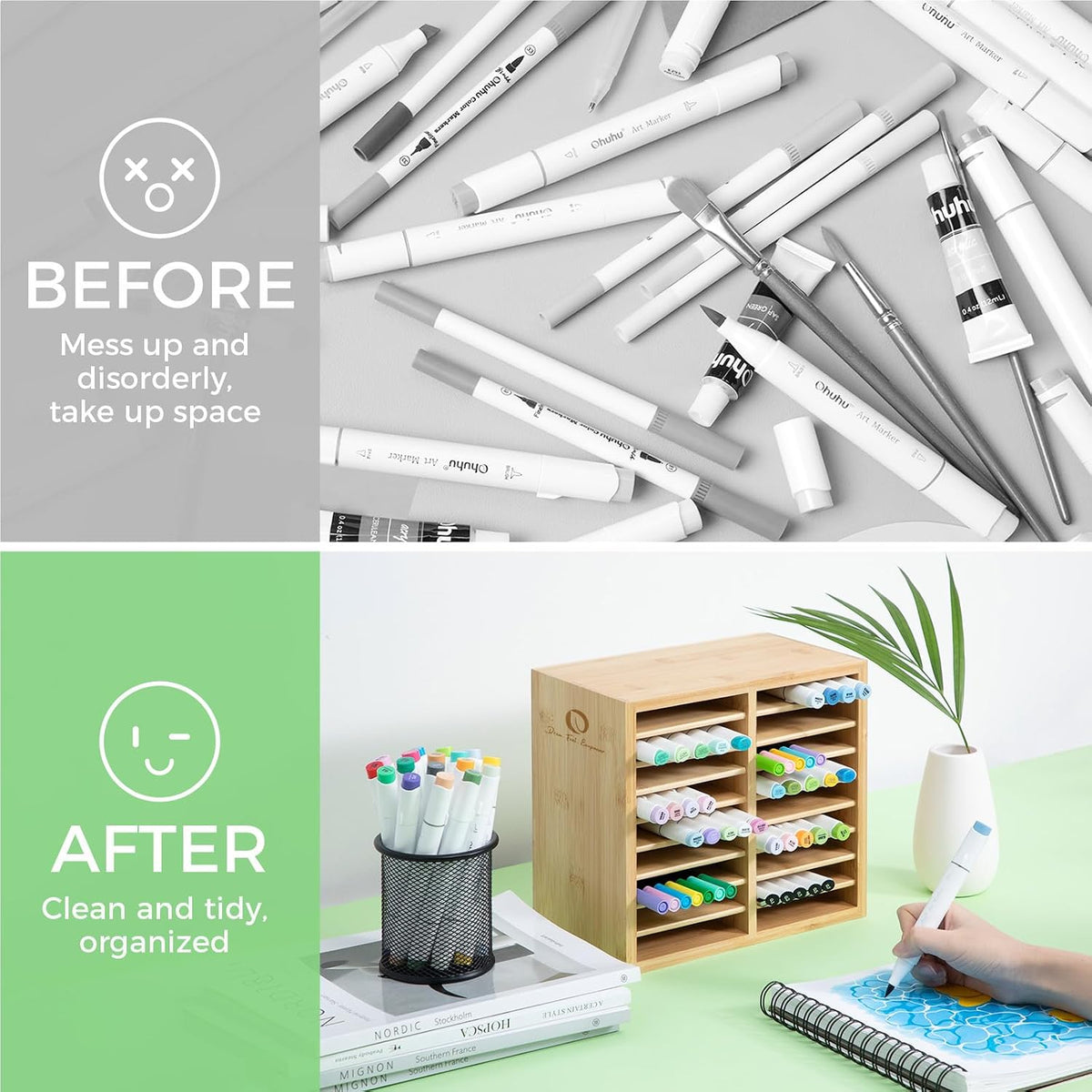 Ohuhu Bamboo Marker Organizer, Wooden Desktop Storage Holds 126 Markers