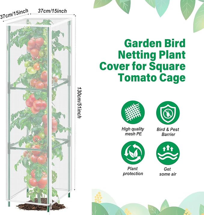 3 Pack Garden Bird Netting Plant Cover for Square Tomato Cage,14.6"x14.6"x51.2" Insect Bird Barrier Tomato Cage Net with Zipper Drawstring,Tomato Trellis Netting Protection Cover for Protecting Plants