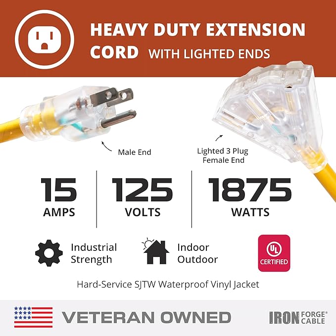 Iron Forge Cable 10 Gauge 10ft Lighted Outdoor Heavy Duty Extension Cord with 3 Outlets - 15 Amp 10/3 SJTW Yellow Extension Cord with Multiple Outlets